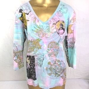 Glima Blouse Pastel Pink And Blue colors Artistic V-Neck Medium NWOT